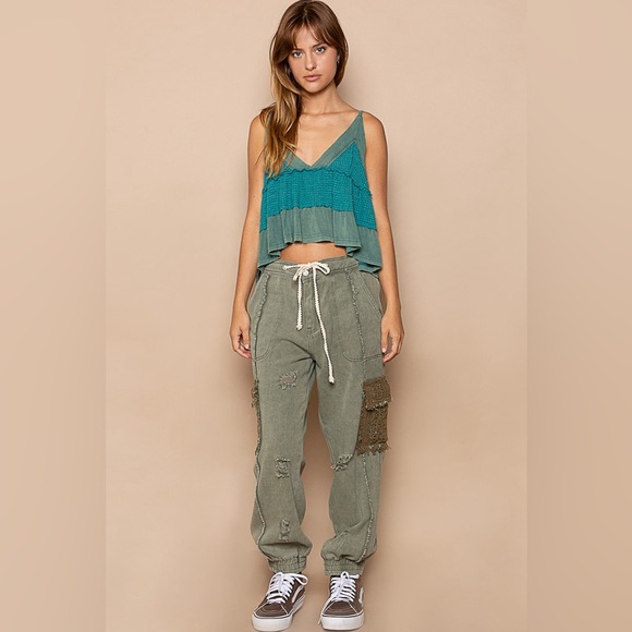190B. Tie Waistband Cargo Denim Jogger - Green - Picture 3 of 7